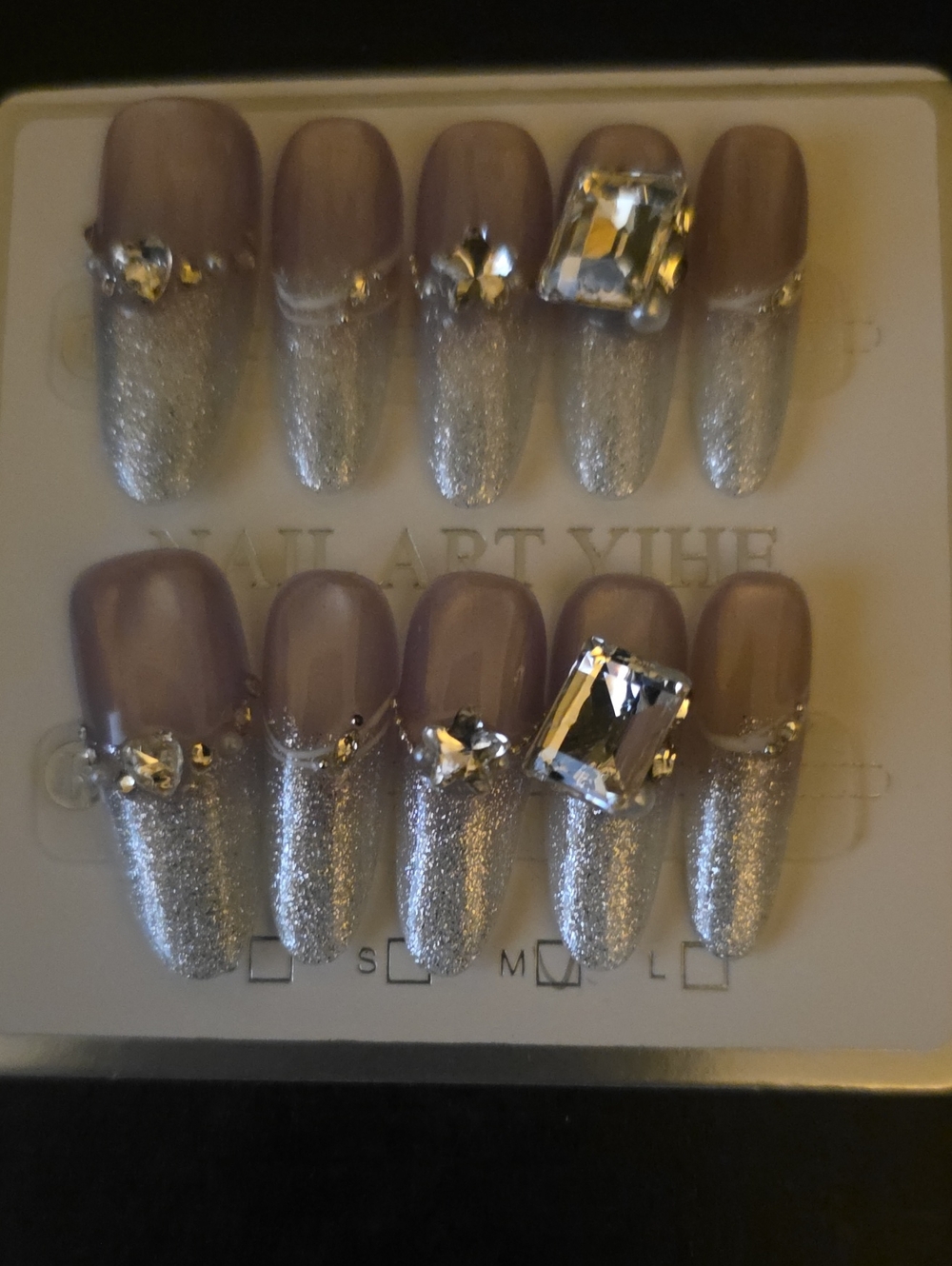 Taupe and Silver Glitter Rhinestone Press-On Nails Med 1 Set